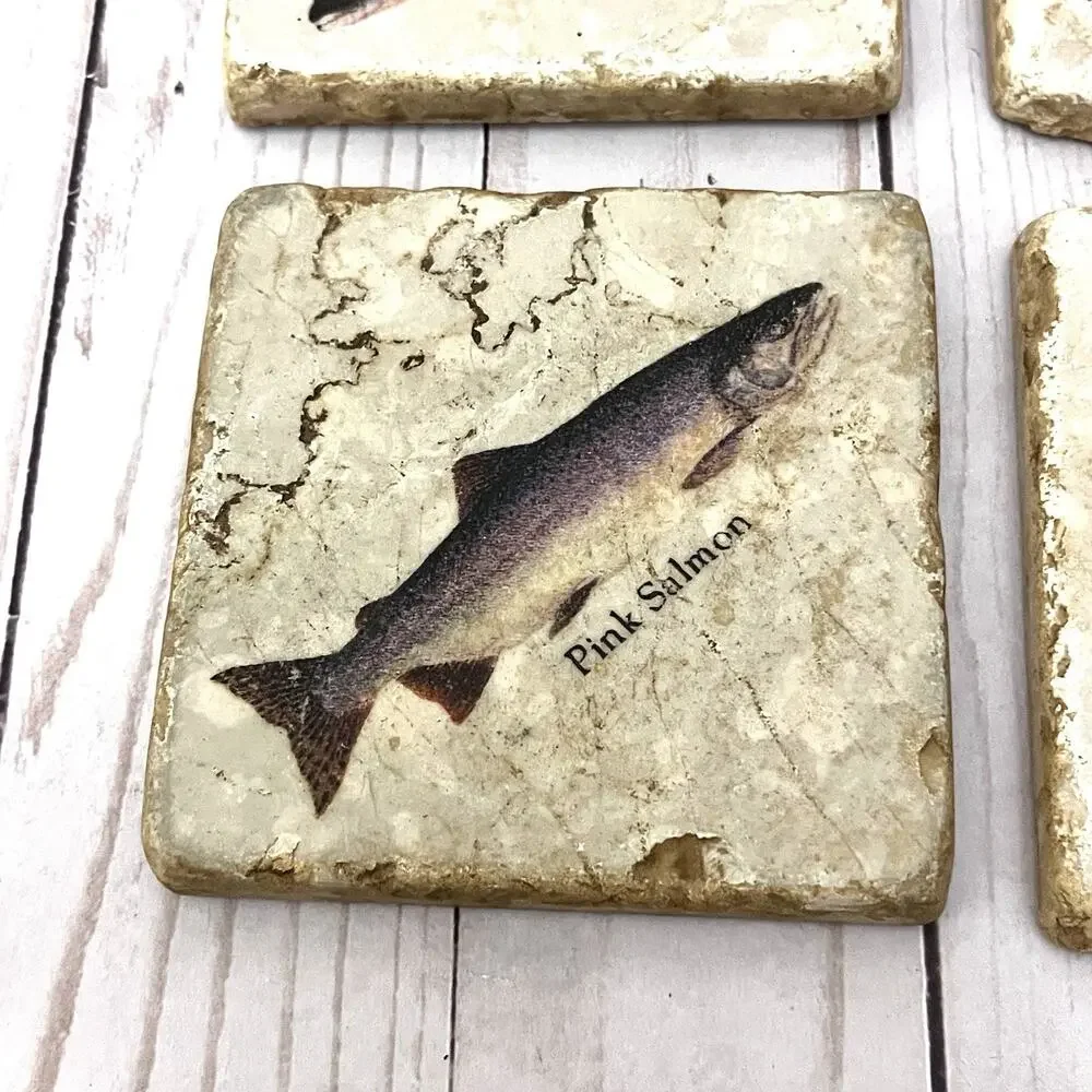 Studio Vertu Stone Coaster Set 4 Fish Salmon Trout Travertine Rustic Lodge Decor
